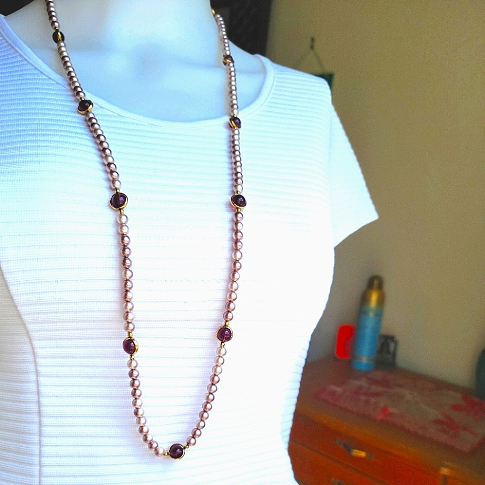 Vintage long faux pearl lavender necklace